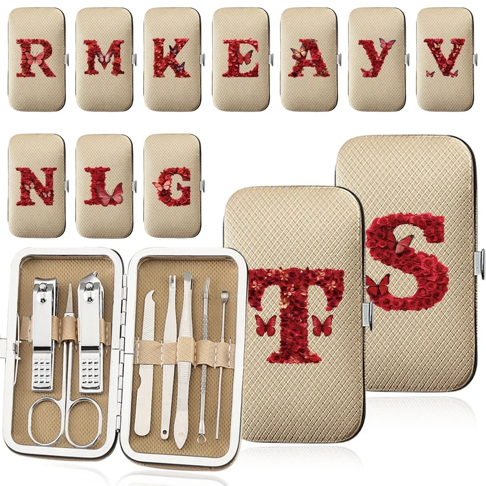 

8 Pcs Nail Clippers Set Manicure Case Organizer Pedicure Kit Multifunctional Tools Personal Care Box Red Rose Letter Pattern