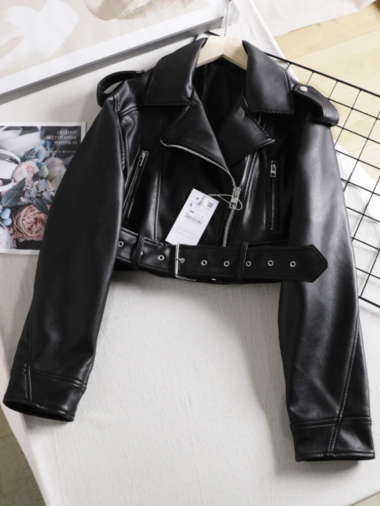 Fitaylor New Spring Autumn Women Vintage Faux Leather Jacket with Belt Lady Streetwear Lapel Zipper Pu Coat Moto Biker Outwear