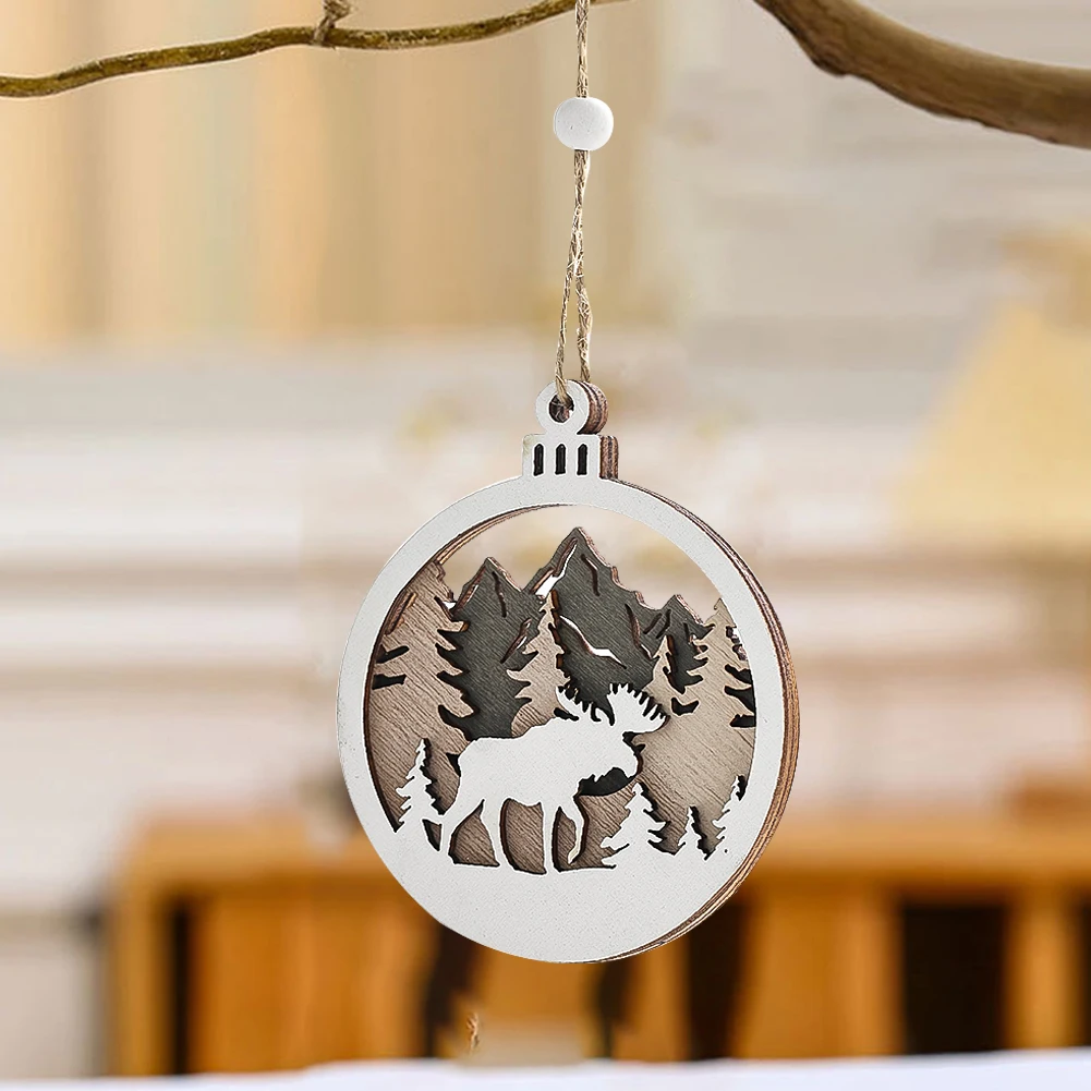 1pc Christmas Tree Pendant Wooden 3D Forest Animal Deer Wolf Bear Crafts Hanging Ornament for Holiday Party Yard Room Decoration