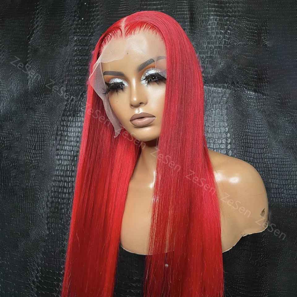 Peluca larga y recta sintética con malla Frontal para mujer, Color rojo, de alta temperatura Fibe, pelo Frontal sin pegamento, Cosplay, uso diario