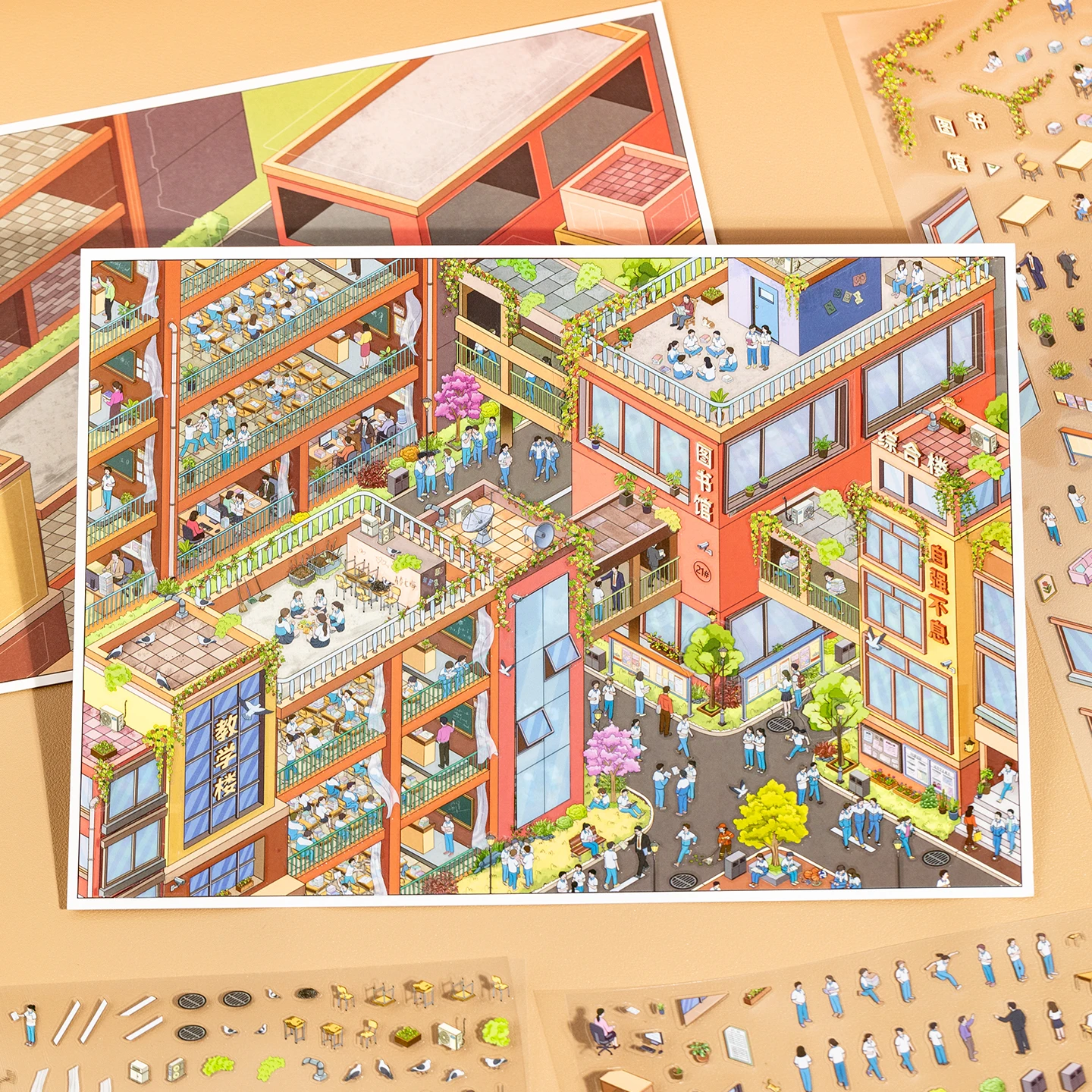 Kawaii 3D Cartoon Youth Campus Life Miniature Scene Stickers Layered Diorama Journal Decor Fun Stress Relief Stickers