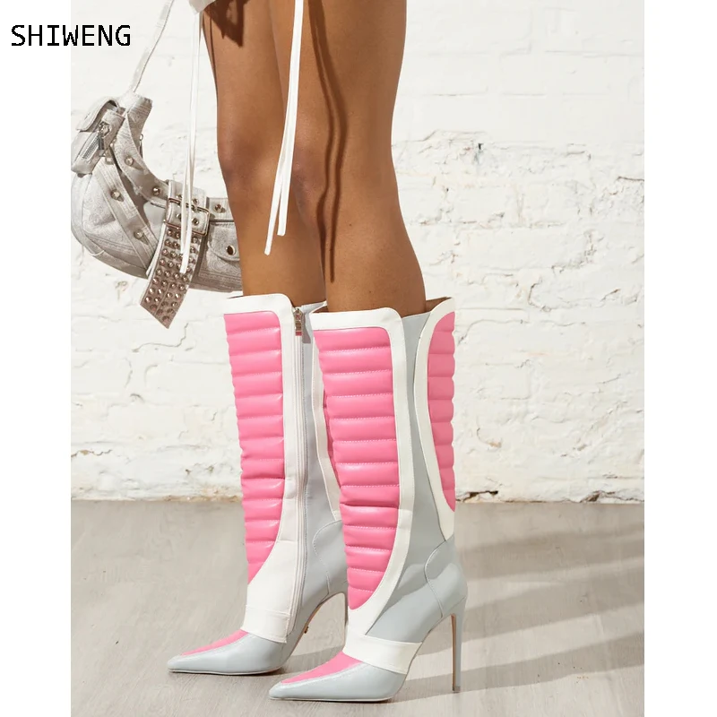 

2025 Splicing Knee High Boots Sexy Ladies Pink Patchwork Boots Point Toe High Heels Boots Women Punk Decor Big Size Shoes 44