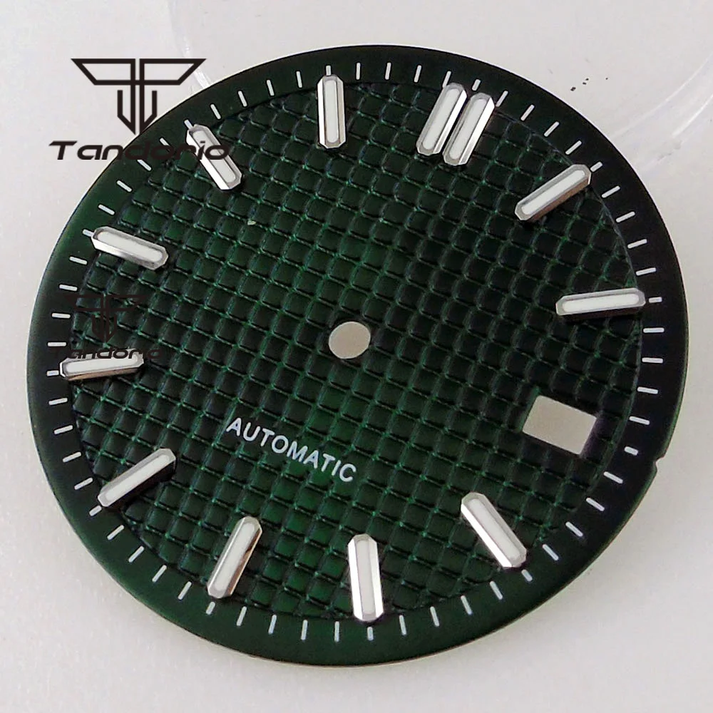 31 mm mehrfarbige, sterile Uhr, Gitter-Zifferblatt, Baton-Markierungen, Datumsanzeige, silberne Zeiger, passend für NH35, NH36, Automatikwerk
