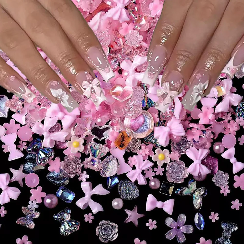 600pcs 3D Kawaii Resin Pink Purple Nails Charm Flowers Bear Heart Mixed Nail Art Decoration Pink Ribbon Bowknot DIY Nail Parts*