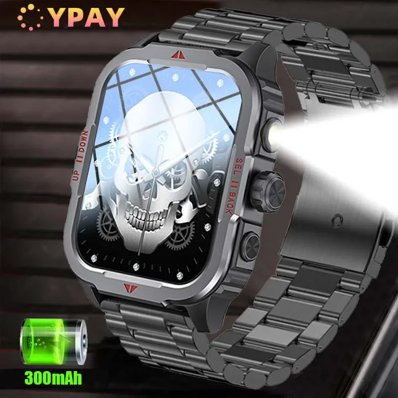 2025 New Outdoor Military Smartwatch Men Bluetooth Call LED Lighting Heart Rate Sleep Track Waterproof Smart Watch