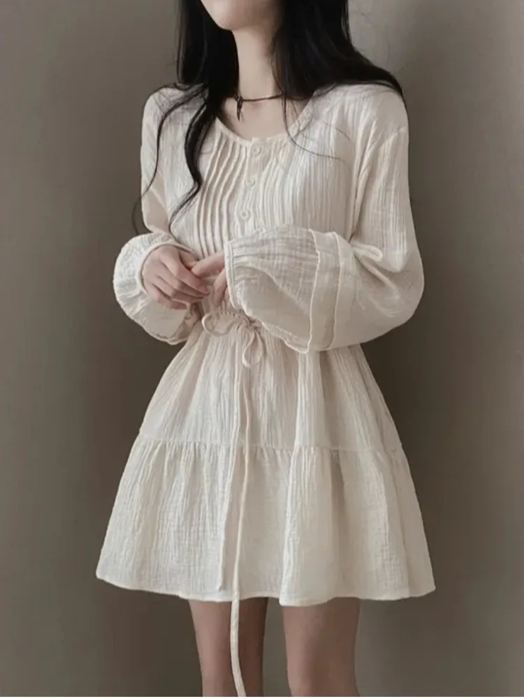 

Slimming Chic Spring Summer Women's round Ne Pleated Design Belted Waist Dr Lantern Sve Long Sve Color Dr
