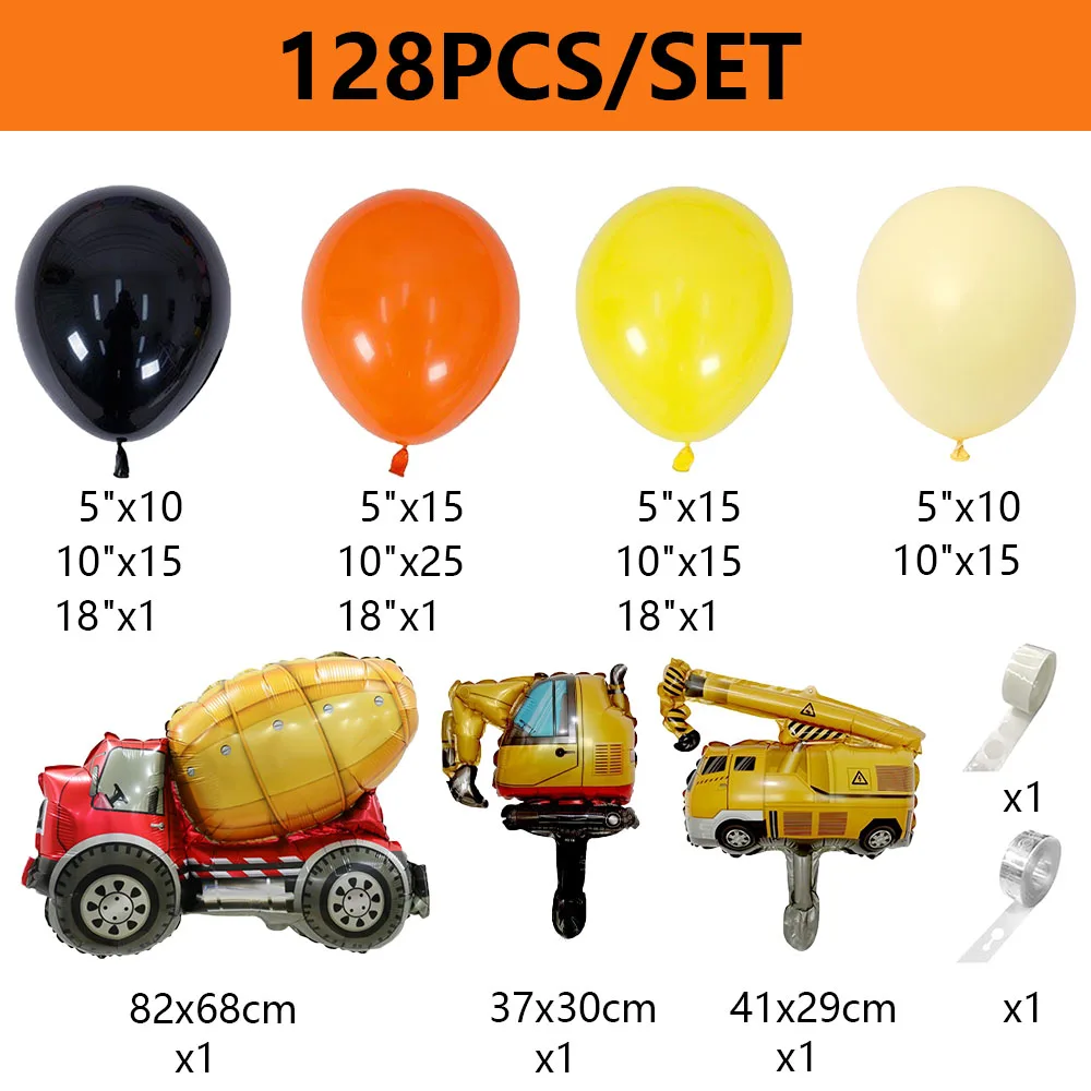 128pcs Construction Birthday Balloons Garland Kit Orange Yellow Black Balloons Boys Kid Birthday Baby Shower Party Decorations