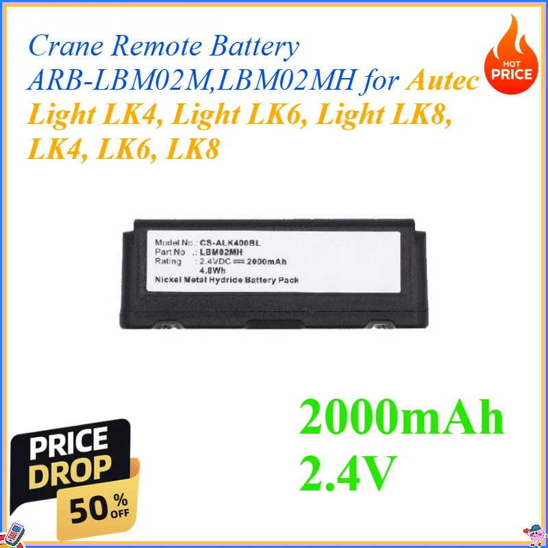 Batería de Repuesto para Control Remoto de Grúa de 2000mAh y 2.4V, ARB-LBM02M, LBM02MH, Compatible con Autec Light LK4, Light LK6, Light LK8, LK4, LK6, LK8