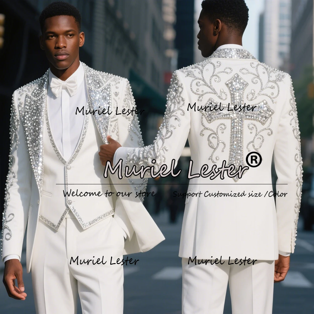 

Exquisite Beaded Stones Suits Men 3 Pieces Sets Sequins Lapel Groom Blazers Customized Costume Homme Slim Fit Wedding Tuxedos