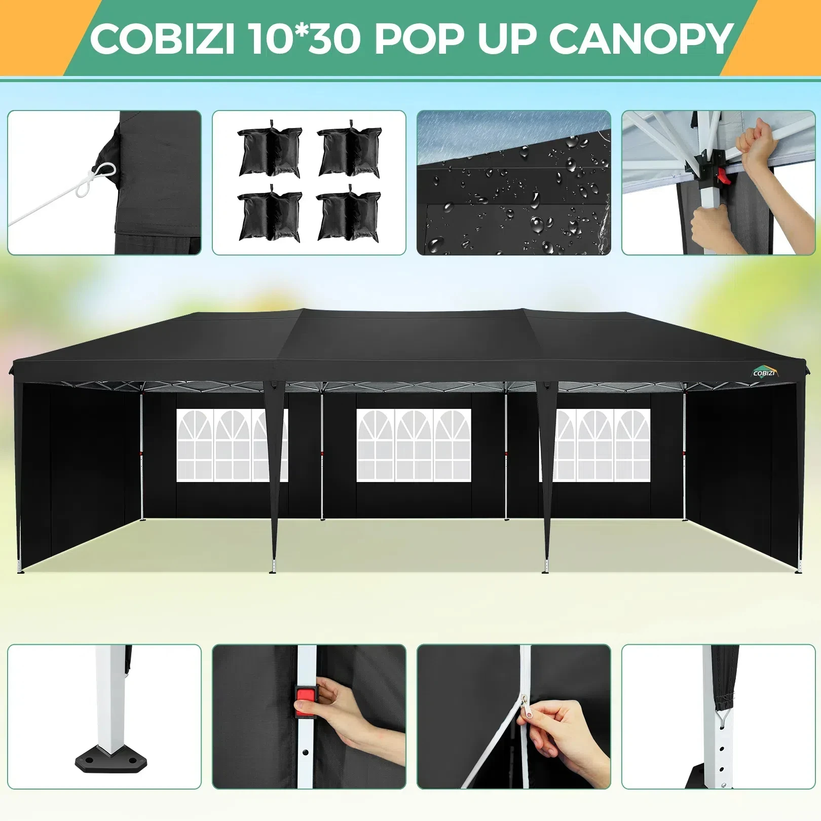 10x30 Pop Up Canopy Tent with Removable Sidewalls, Waterproof Portable Easy Up Canopy with Carry Bag, Instant Outdoor Shelter