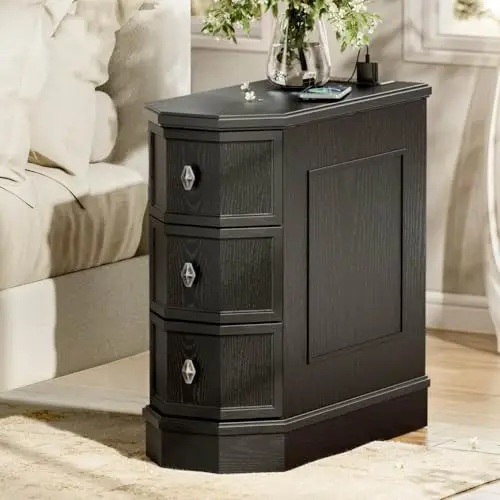 Solid Wood Nightstand with Charging Station, Vintage End Table with 3 Drawer, Victoria Narrow Side Table, Slim Bedside