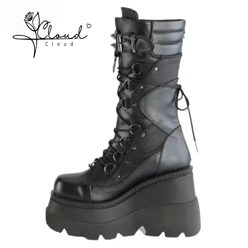 

2024 New Wedged Large Size Knight Boots Women Europe and the United States Punk Style Handsome Thick Soled Mid-calf Female Boots