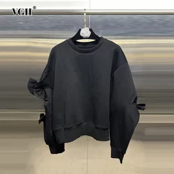 VGH Solid Patchwork Bowknot Casual Sweatshirts For Women Round Neck Long Sleeve Minimalist Loose Pullover Sweatshirt Female New