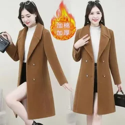 New Women's Long Woolen Coat Autumn Winter Thick Add Cotton Warm Woolen Coats Female Korean Trench Coats Casual Parker Overcoat