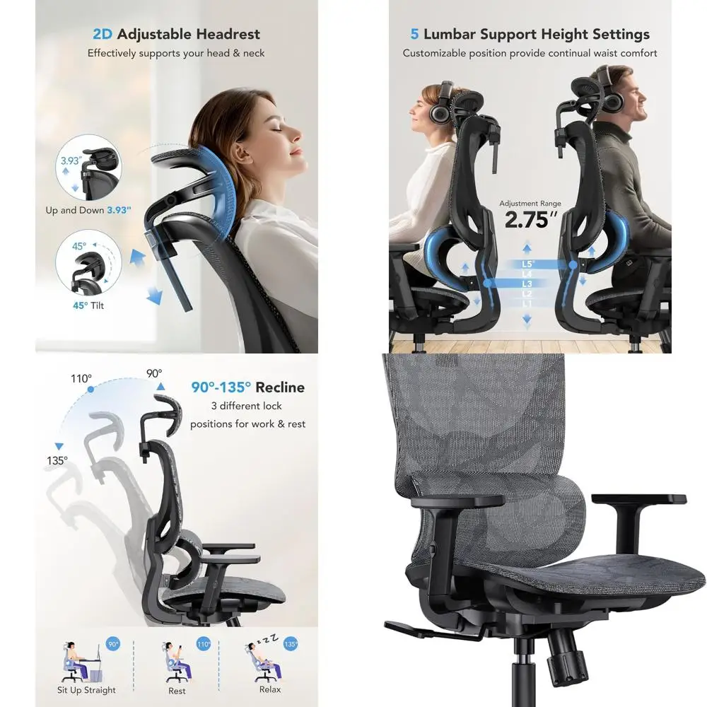 

Эргономичное сетчатое кресло с высокой спинкой и 5-уровневой поясничной опорой, регулируемым подголовником и подлокотниками, наклон-качалка для домашнего офиса или геми