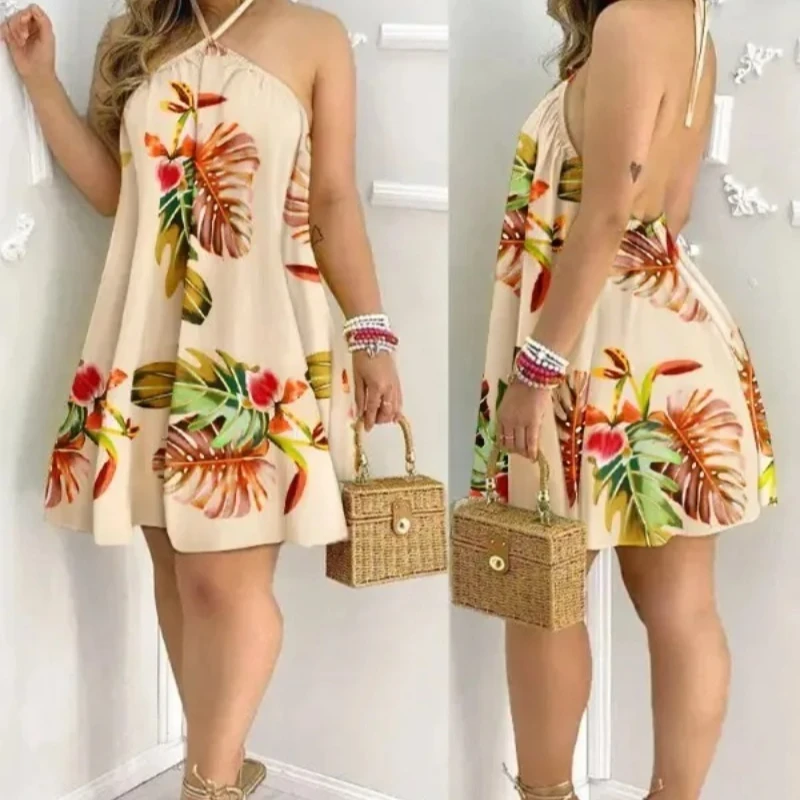 Novo vestido com estampa tropical, gola halter, estilo férias, vestido sem costas para primavera e verão, roupas femininas, ombro de fora, gravata