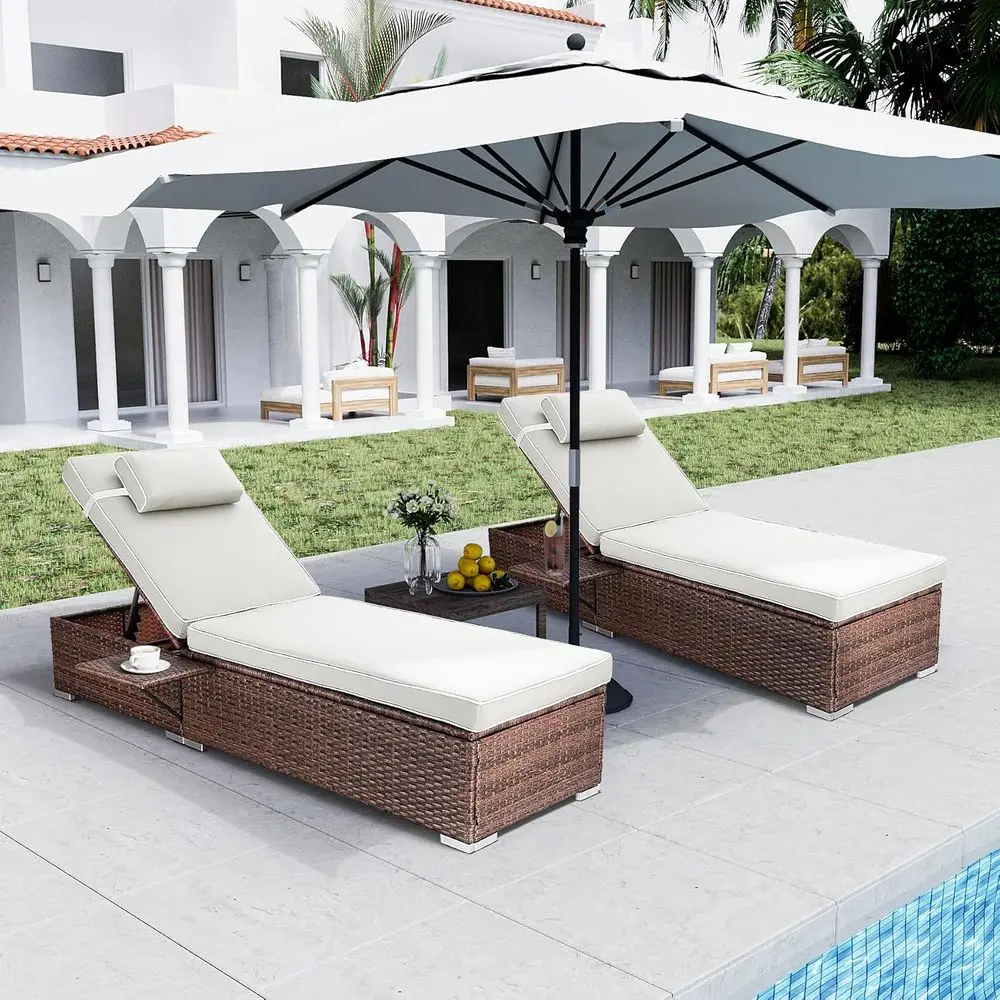 

Outdoor PE Wicker Patio Lounge Chairs Set o 2, Outside Rattan Pool Lounge Chair with Cup Holder & Adjustable Backrest, Brown Rat