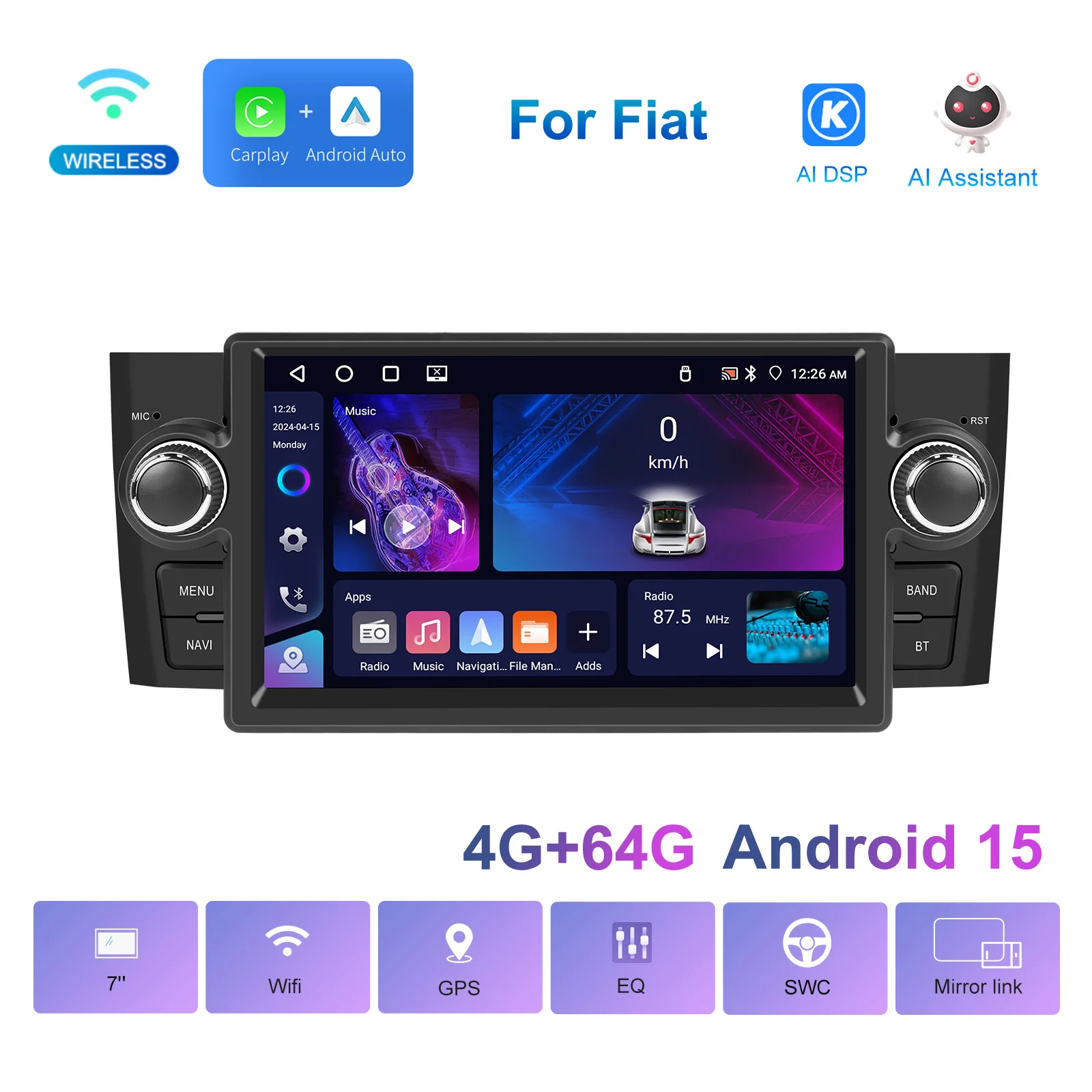 Podofo 1Din Android 4+64G Autoradio für FIAT Punto 05-09/Linea 07-11 Carplay Android Auto GPS WIFI Mirror Link Auto-Audio-Stereoanlage – Detail 3