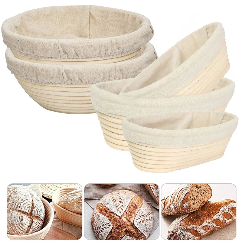 

LMETJMA Bread Proofing Basket Round Oval Long Banneton Rattan Bread Dough Proofing Proving Rattan Basket with Linen Liner Cloth