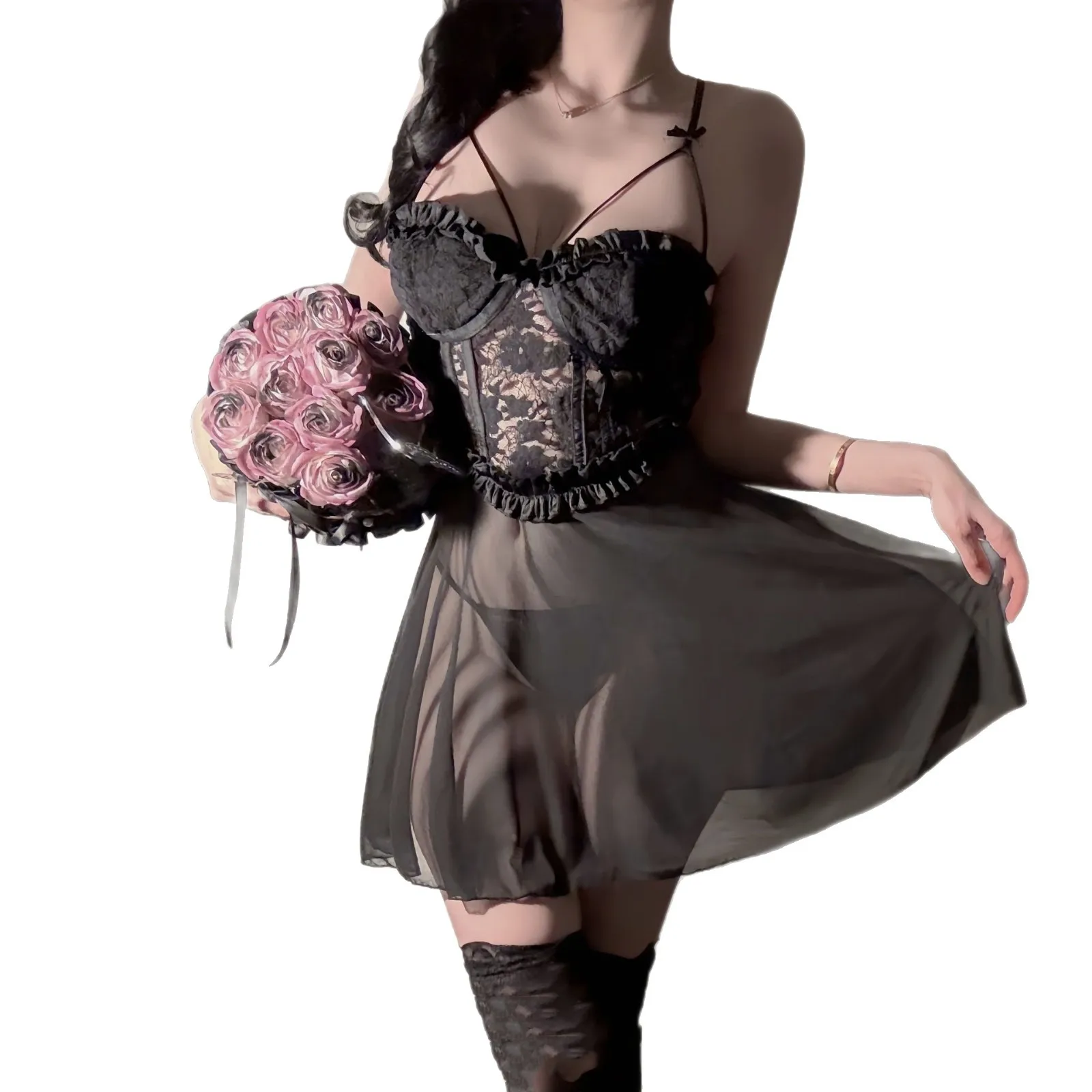 

3XL Plus Size Women Sexy Mesh Dress Lingerie Transparent Backless Babydoll Thong Set Erotic Sleepwear Nightgown Pajama Dress