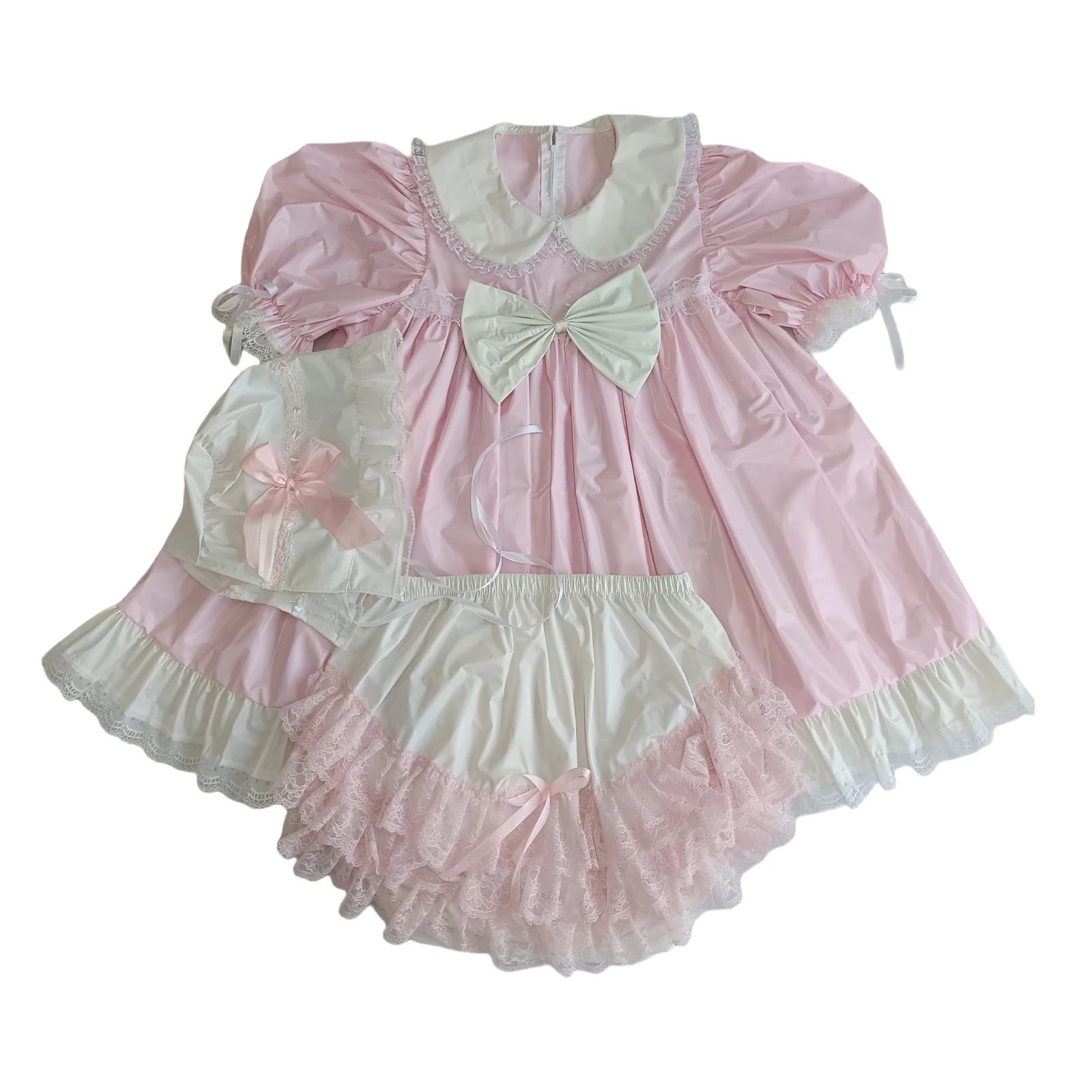 Vestido personalizado estilo Sissy para bebé adulto de PVC rosa LangKee Haian con gorro y bombachos a juego