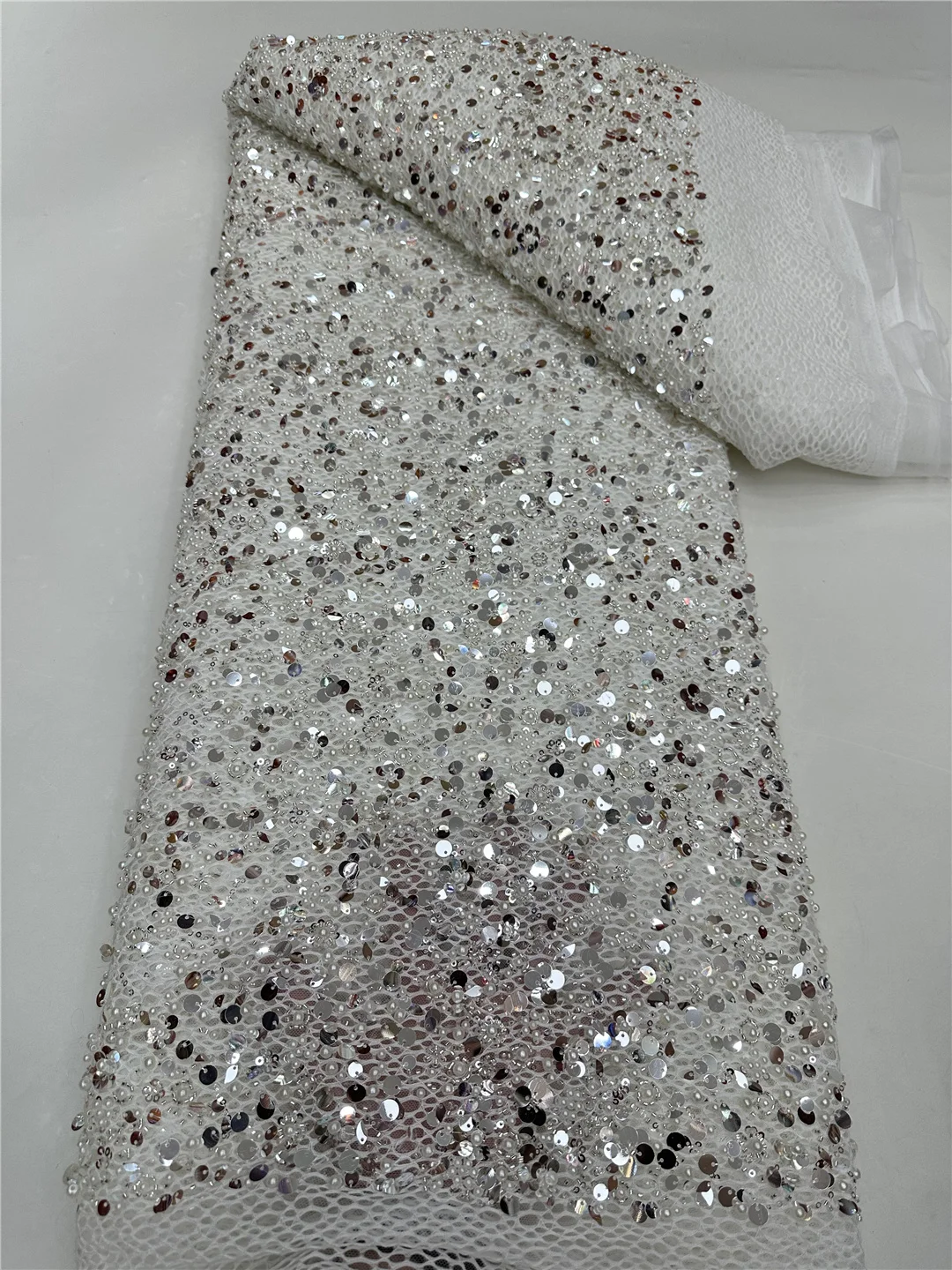 

Luxury African Heavy Beaded Lace Tulle Fabric Embroidered Sequins Applique Fabric French Tulle Lace Material -RF