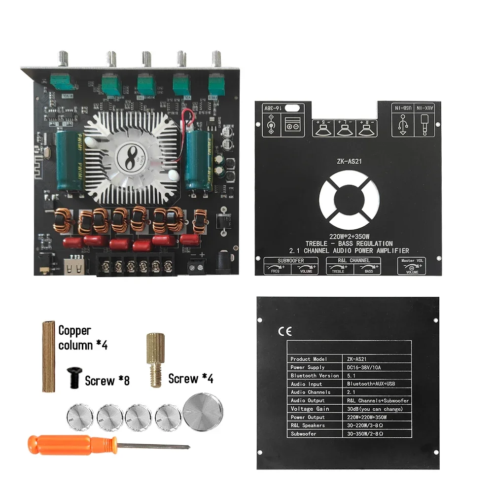 ZK-AS21 2.1-kanałowy TPA3255 moduł płytki cyfrowego wzmacniacza mocy Bluetooth subwoofer o wysokim i niskim tonie 220WX2 + 350W