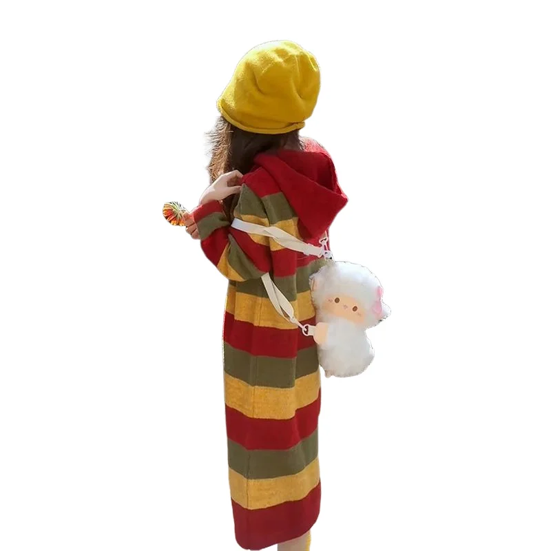 

Girls 2025 New Autumn Winter Colorful Striped Hooded Pullover Long Knit Dress Korean Style Chic for Children Fashion Clothing