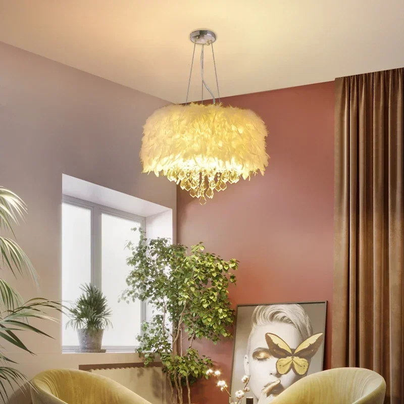 New Design Feather Crystal Pendant Lamp for Living Bedroom Kitchen Princess Room LED Hanging Indoor Lighting Decoration Maison