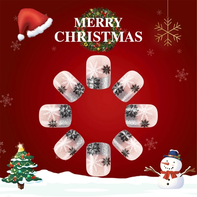 24 Pcs Snowflakes False Christmas Press On Snowman Artificial Glittering Full Cover on