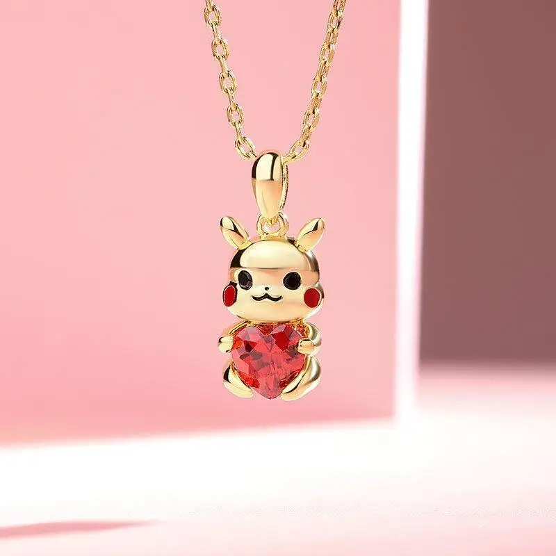 New Pokemon Series Kawaii Pikachu Necklace Creative Yellow Gold Cute Pika LoveStone Earring for Girlfriends Couple Birthday Gift