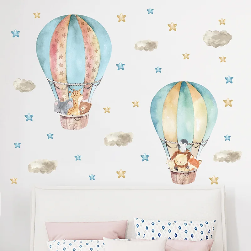 Watercolor Hot Air Balloon Wall Stickers for Kids Room Baby Room Cartoon Animal Wall Decals Boy Bedroom Girls Room Decoration