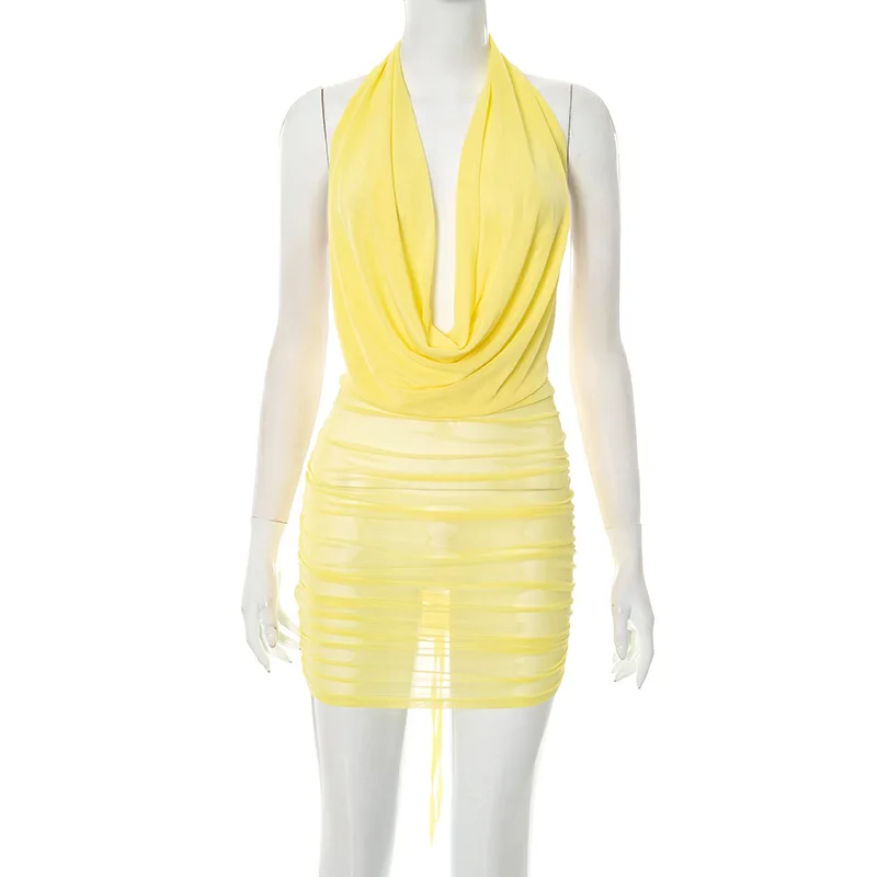 Sexy Mesh Sheer Short Skirt Dress Net Gown Hanging Neck Swing Back Exposed Mini Skirt Wrap around Body Skirt Dresses
