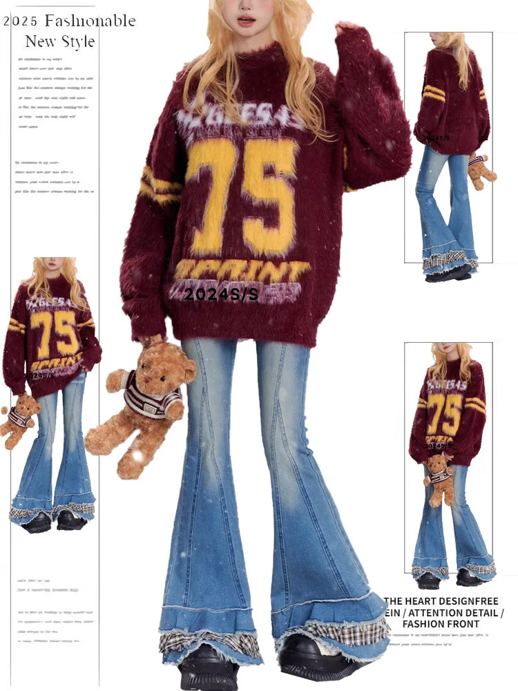 

Облегающие джинсы-колокольчики с высокой талией, женские износостойкие длинные брюки в американском стиле в стиле ретро с кружевной отделкой