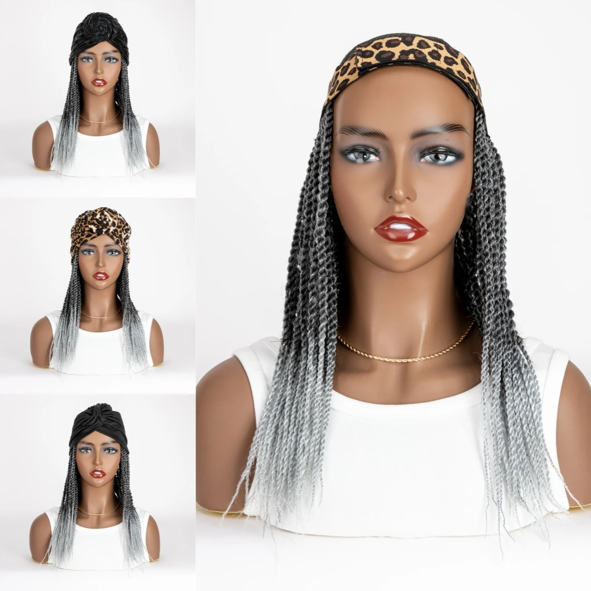 Medium Box Braided Synthetic Burgundy Headband Wig With Turban Hat Black Box Braiding Hair Extensions Head Scarf Easy Hairstyle