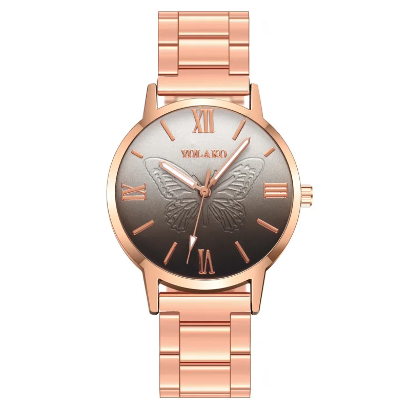 Mulheres Relógio Quartzo Gradiente de Borboleta, Padrão Romano, Banda Aço