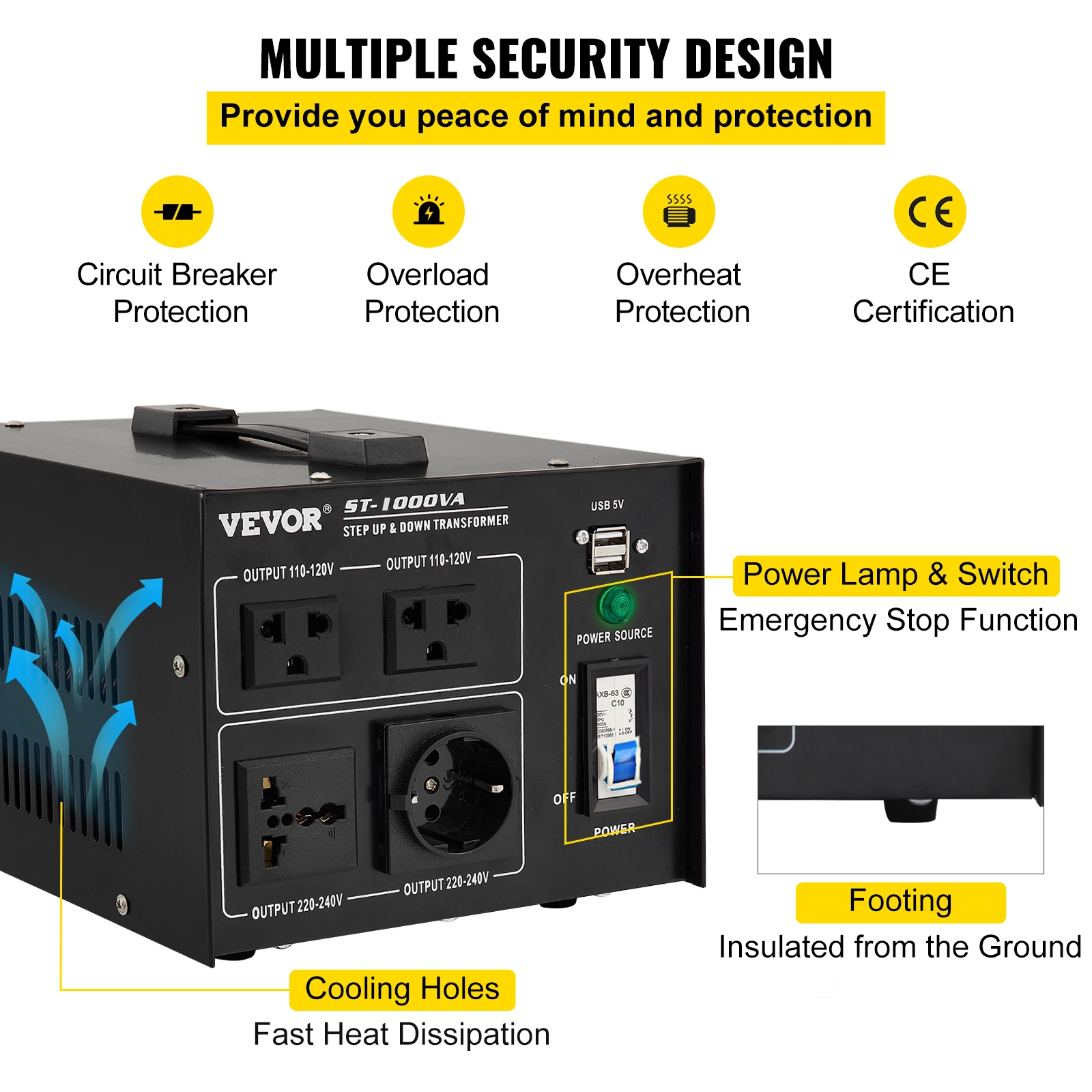 VEVOR-Convertisseur de Tension pour Appareils Électriques, Accessoire avec 4 Prises AC et Prise USB, 1000/2000/3000/5000 VA