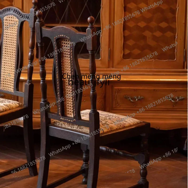 P178 Medieval style solid wood dining chair American hand-carved fabric office dressing leisure chair