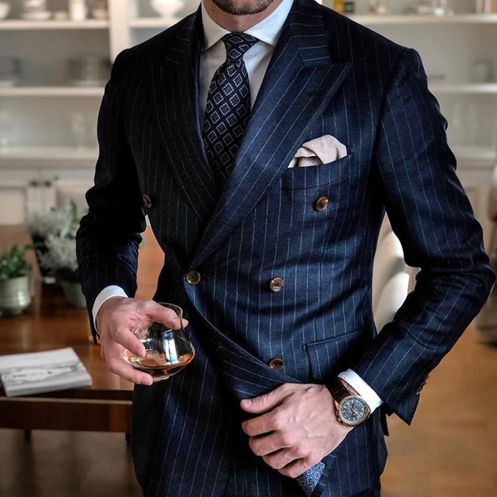 Chic Pinstripe Navy Blue Men Suits 2 Piece Set High Quality Formal Double Breasted Peak Lapel Suit Slim Fit Smart Casual Tuxedo