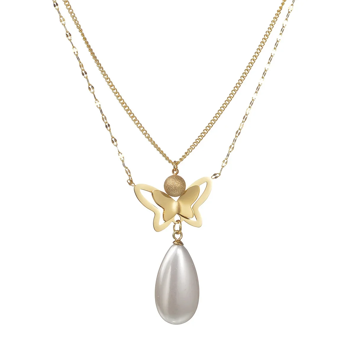 

Double Layer Butterfly Pearl Pendant Necklace Women's Titanium Steel Chain Necklace Fashion Statement Jewelry Gift for Her