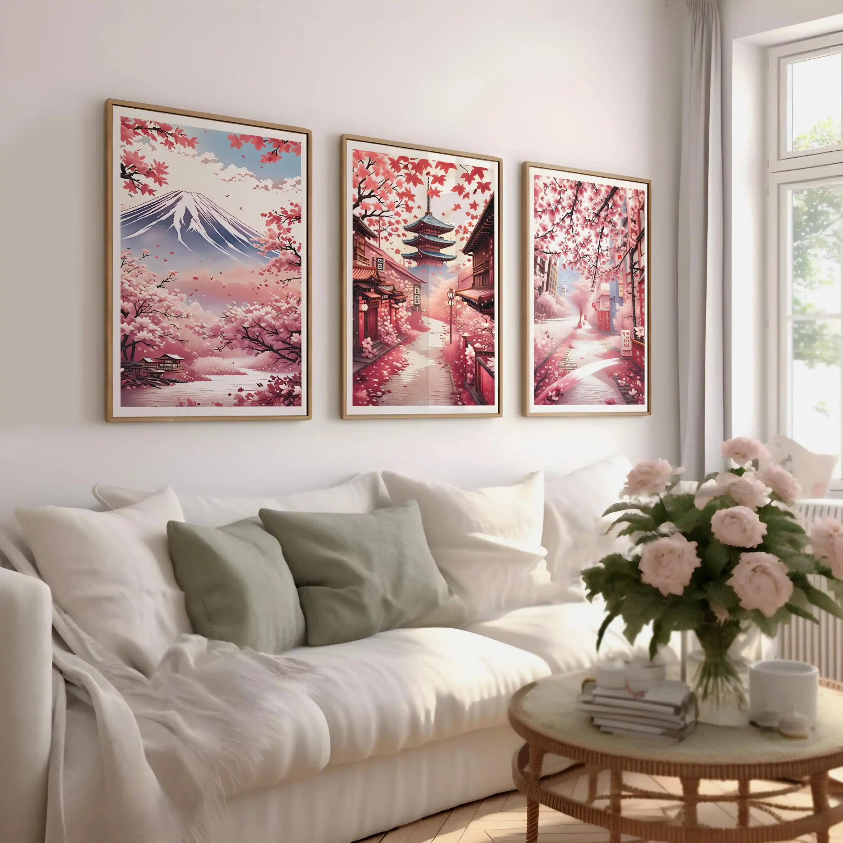 frameless Canvas Painting 3pc frameless Set of 3 Japan Cherry Blossom Wall Art Mt Fuji Japanese Prints Sakura Decor  Canvas Pos