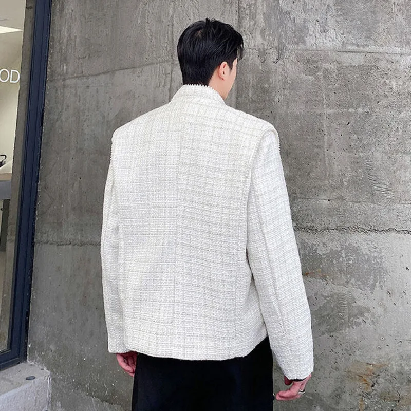 WVGA Spring Autumn New Man Pearl Decorated Plaid Trendy Loose Turn-Down Collar Jacket Niche Chic Casual Long Sleeve Coats W20947