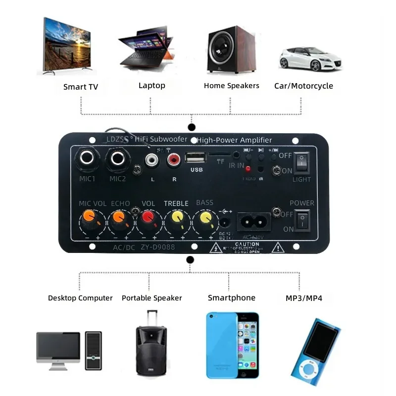 for Square Dance Dual Microphone Karaoke Subwoofer Power Board Bluetooth Adjustable Reverb Car Audio
