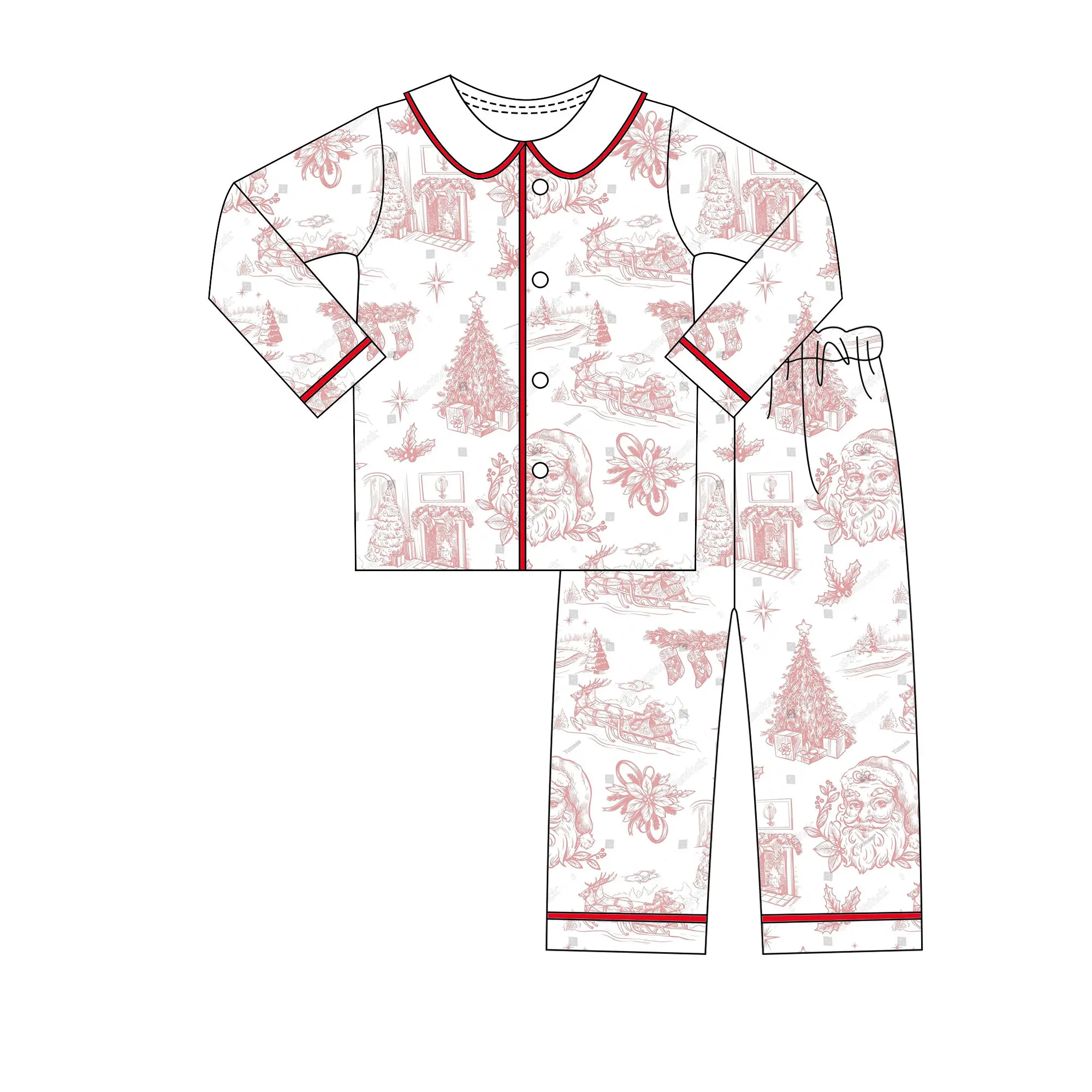 Christmas Collection Blue and Red Christmas Tree Print Boys and Girls Long-Sleeve Tops and Pants Boutique Pajama Sets and Romper