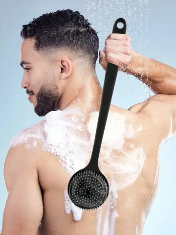 1 Scrubber e massaggiatore per la schiena in silicone a manico lungo - Spazzola esfoliante bifacciale per una pulizia profonda, design ergonomico, adatto per aree dure, setole morbide per una delicata cura della pelle, spa e un rilassamento muscolare (nero)