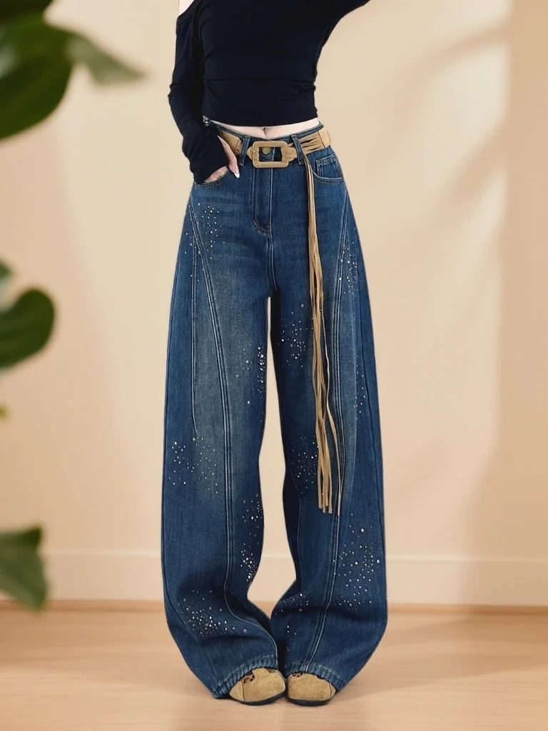 

Женские джинсы с высокой талией и широкими штанинами, весенние, модные, с бриллиантовой отделкой, утягивающие, длинные, повседневные, с множеством карманов