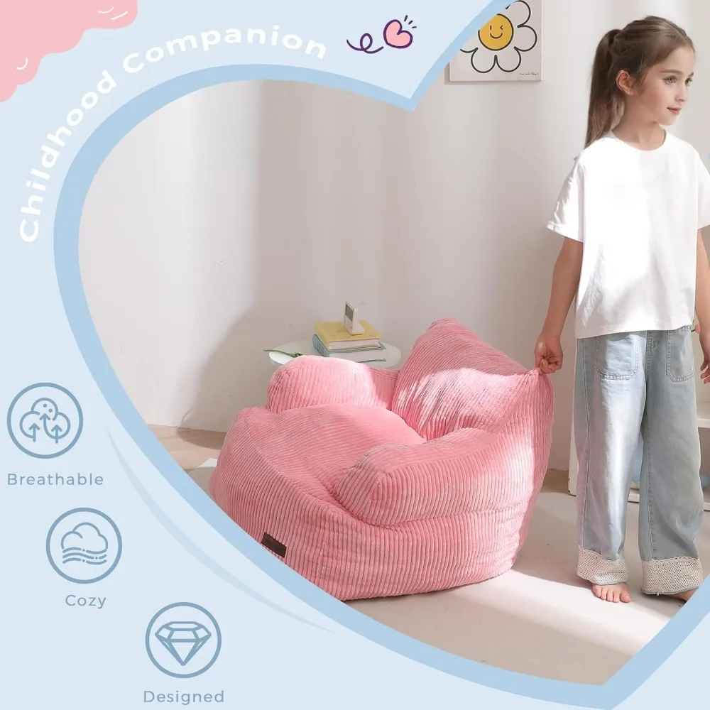 كرسي بين باج للأطفال مع جيب، حشوة إسفنجية ناعمة للراحة، أريكة أرضية وردية للألعاب والقراءة