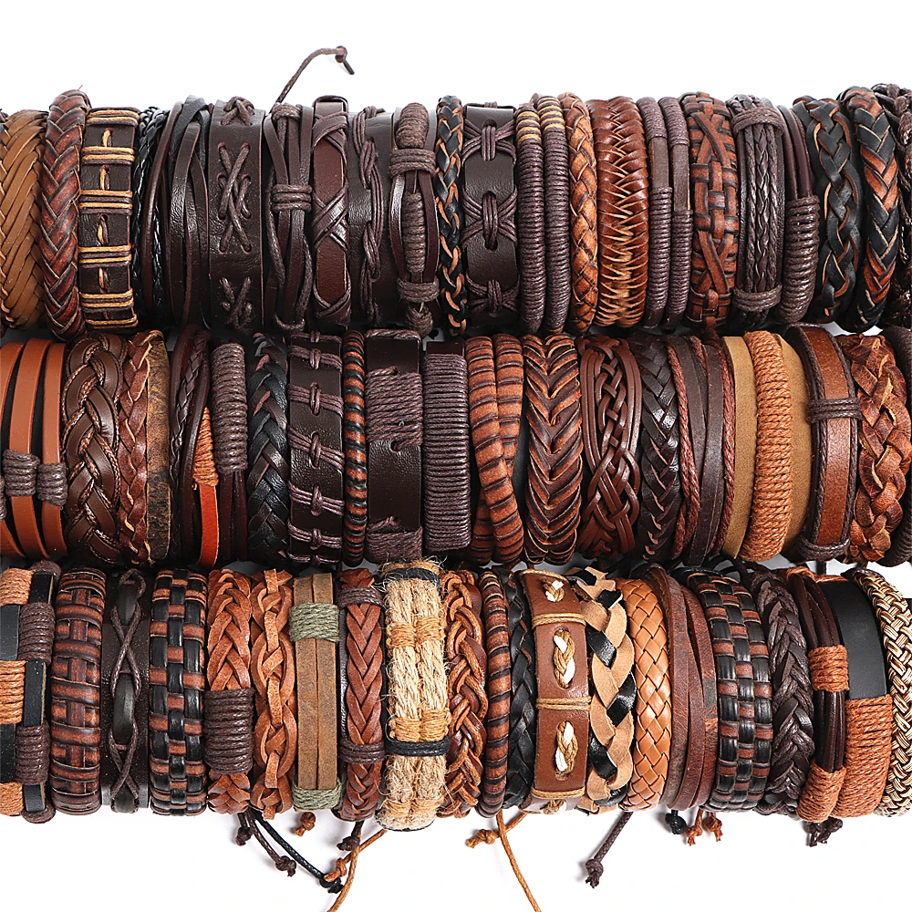 Wholesale 10/20/30/50/100Pcs/Lot Vintage Cuff Alloy Leather Bracelets For Men Women Unisex Copper Mix Styles Handmade Jewelry