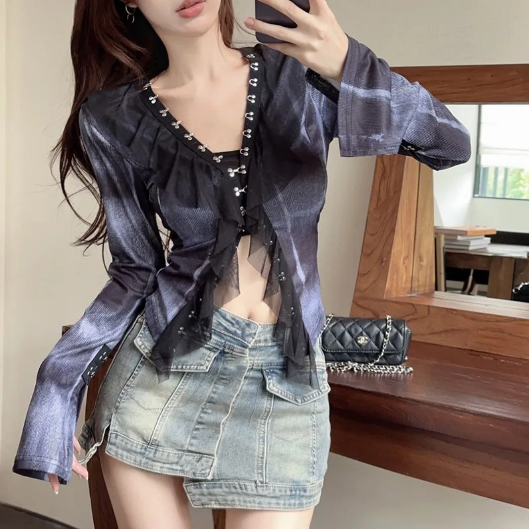 

Vintage Harajuku V-neck Shirt Flare Long Sleeve Women Lace Y2k Tops Blouse Slim Streetwear Single-breasted Sexy Jacket Ruffle