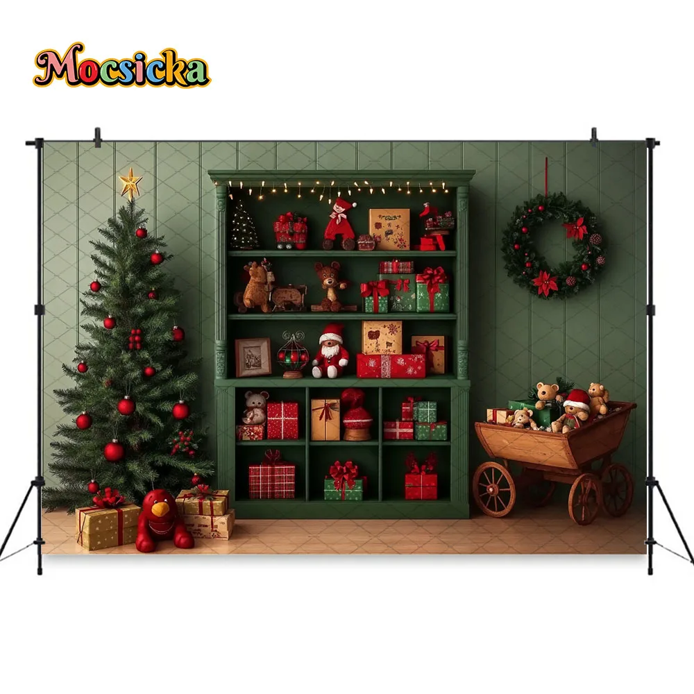 Mocsicka Green Christmas Gift Shelf Background Photography Xmas Tree Toy Bear Santa's Workshop Backdrop Winter Kids Photo Studio